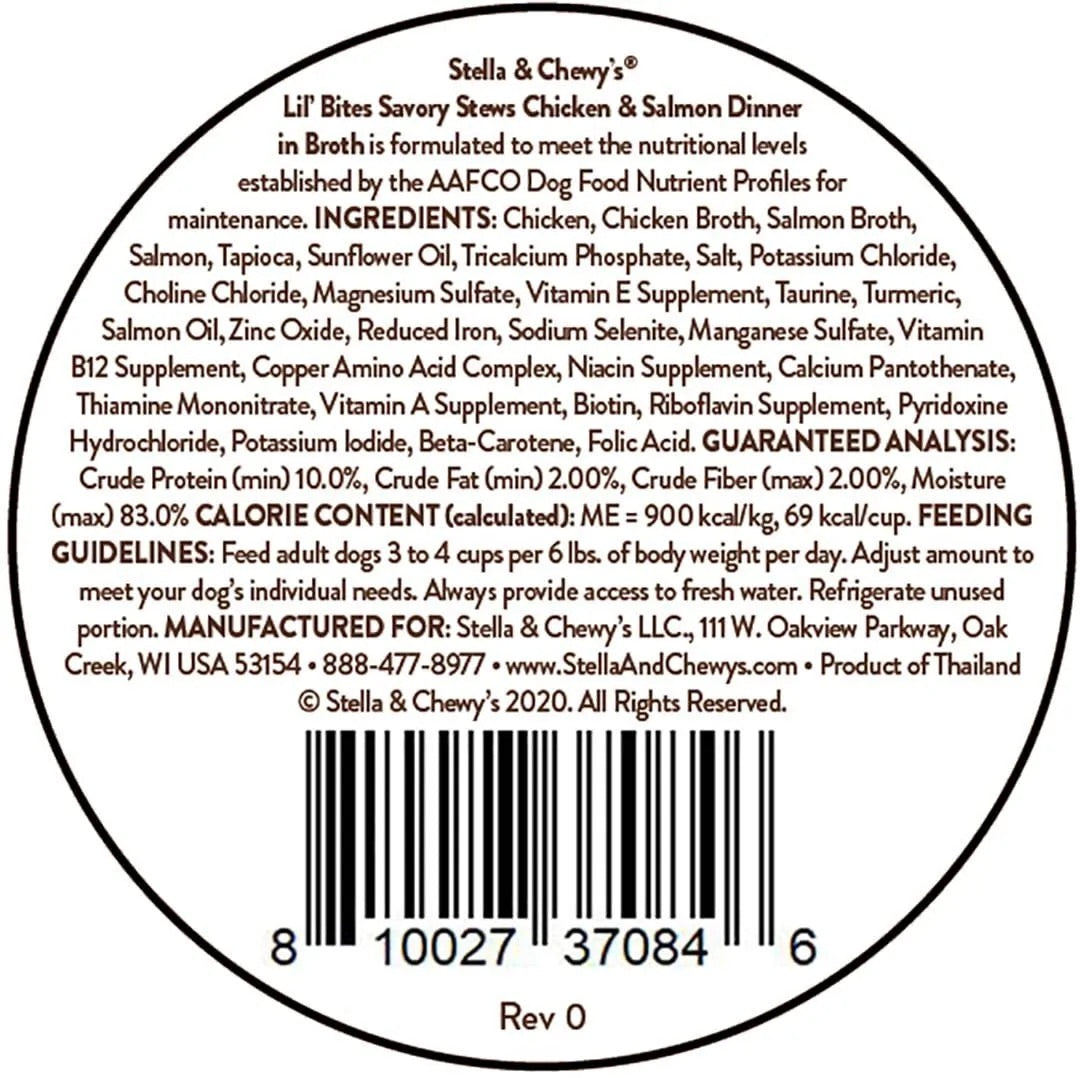 Dog food cup back label with ingredients, feeding guidelines, and barcode