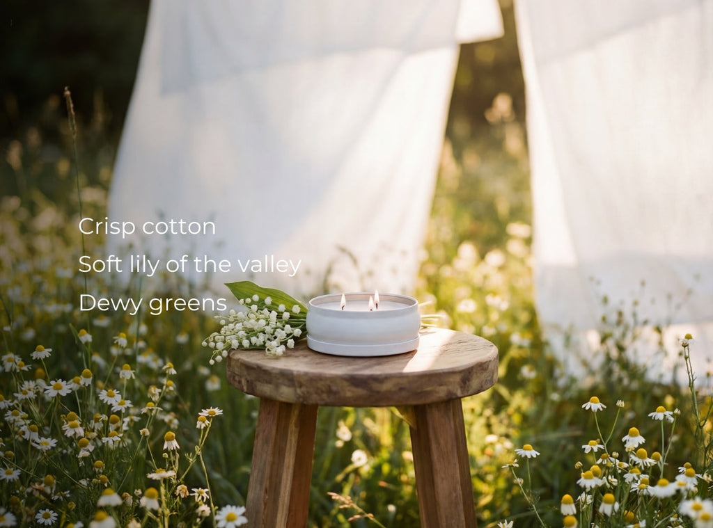 White 3-wick candle in round container on wooden stump among flowers