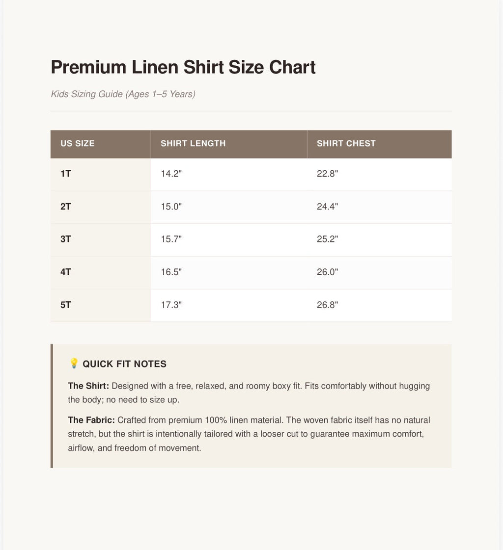 Linen shirt size chart for kids ages 1–5: shirt length and chest measurements