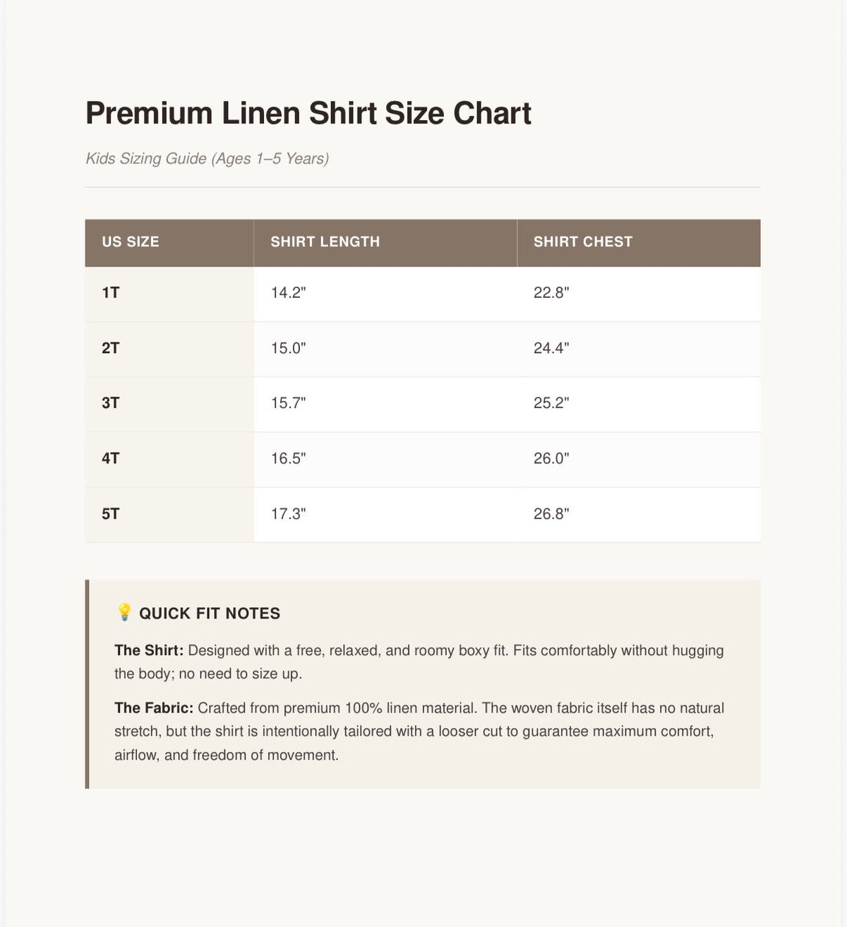 Linen shirt size chart for kids ages 1–5: shirt length and chest measurements