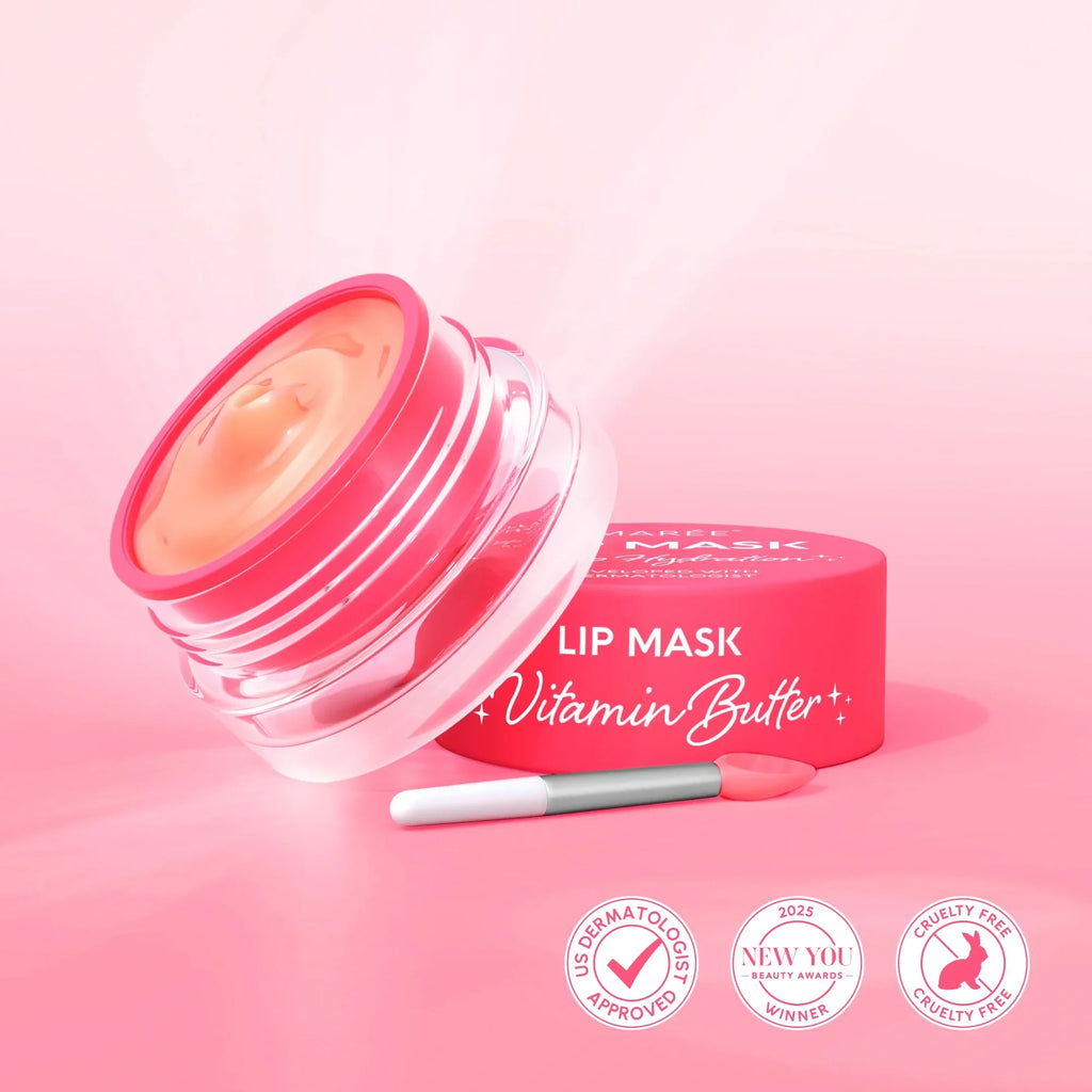 Pink lip mask balm jar with open lid and applicator stick