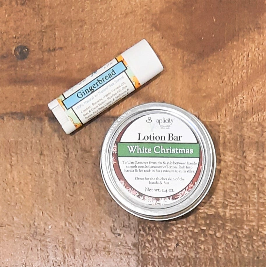 Lotion bar gift set with White Christmas lotion bar and Gingerbread lip balm tube
