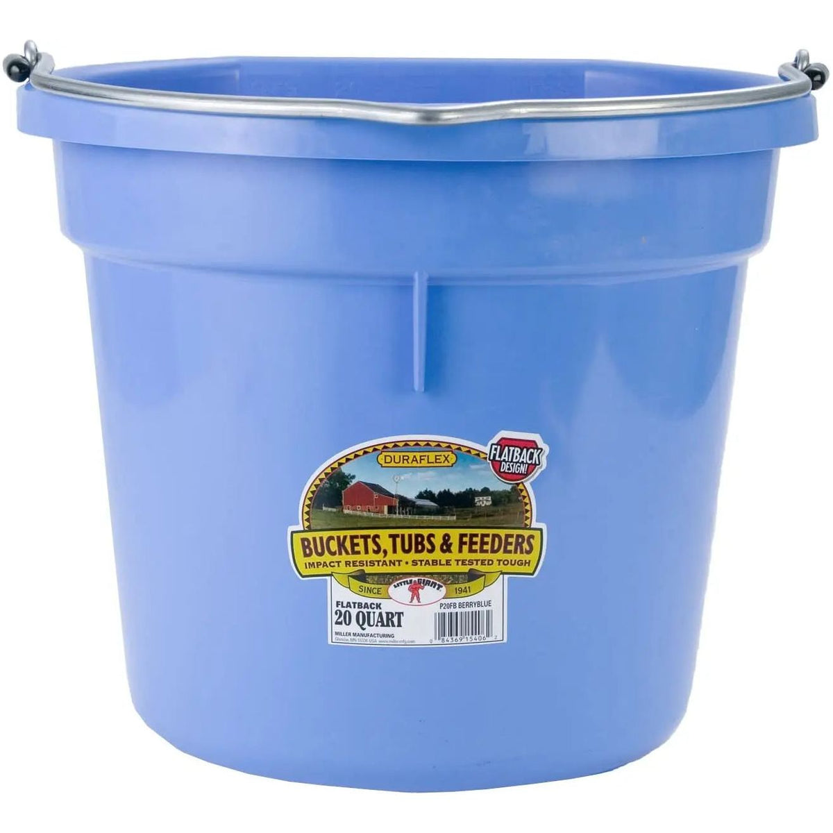Blue plastic animal feed bucket with metal handle and front label, flat-back design.