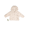 Hooded baby jacket with long sleeves, front opening, and small printed motif pattern