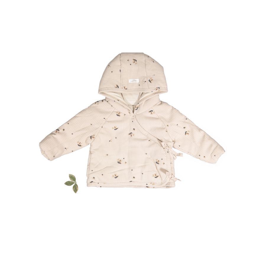 Hooded baby jacket with long sleeves, front opening, and small printed motif pattern