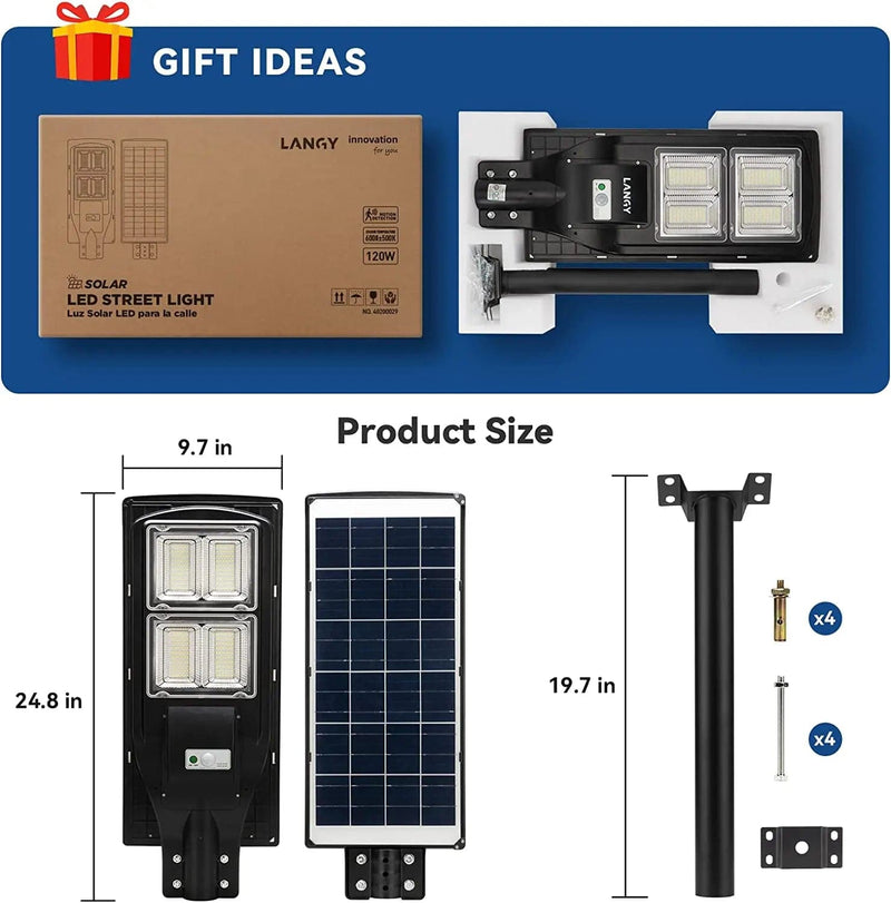 Solar street LED light kit with mounting parts, warm white/white, 120W