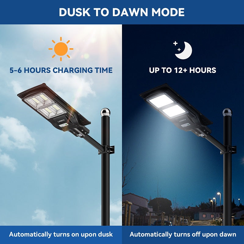 Solar street LED light on pole with bright panel for dusk to dawn