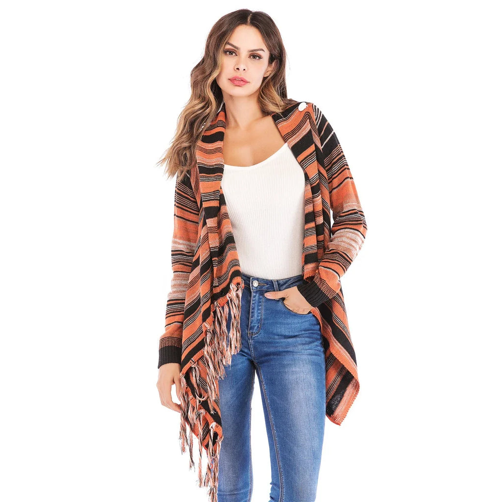 Women’s striped knit cardigan poncho with fringe tassels, open front, orange and black