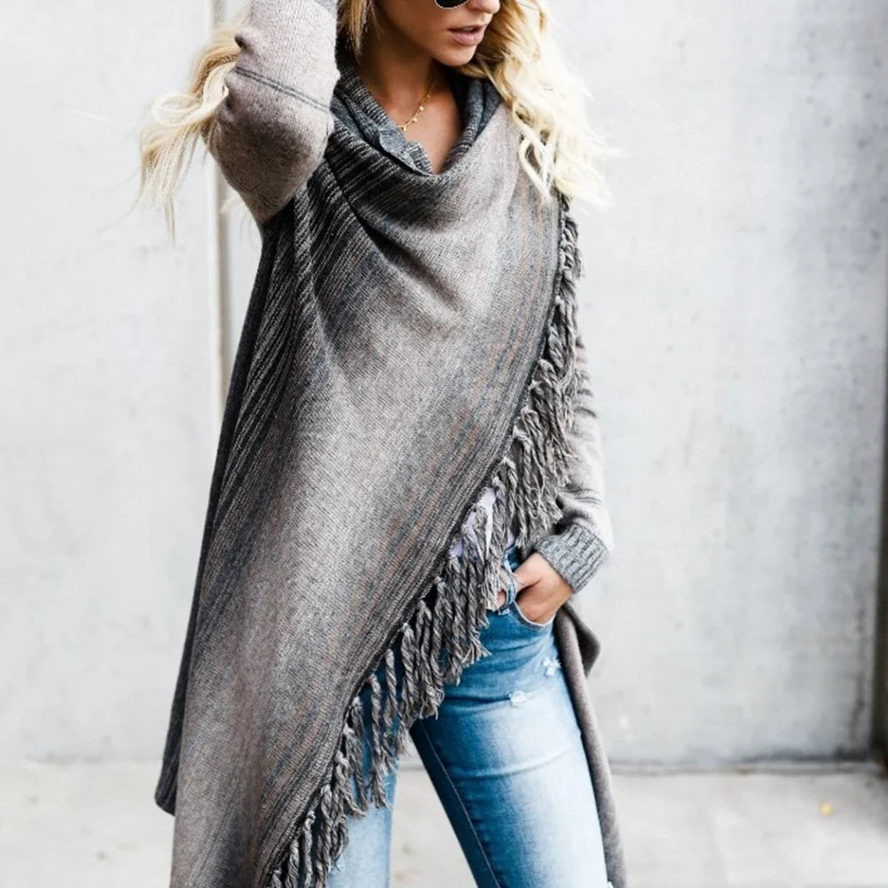 Women’s striped knit cardigan poncho with fringe tassels, open front, heather gray tones