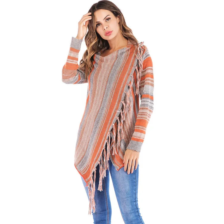 Women’s striped knit cardigan poncho with fringe tassels, open front, rust orange and gray