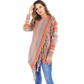 Women’s striped knit cardigan poncho with fringe tassels, open front, rust orange and gray
