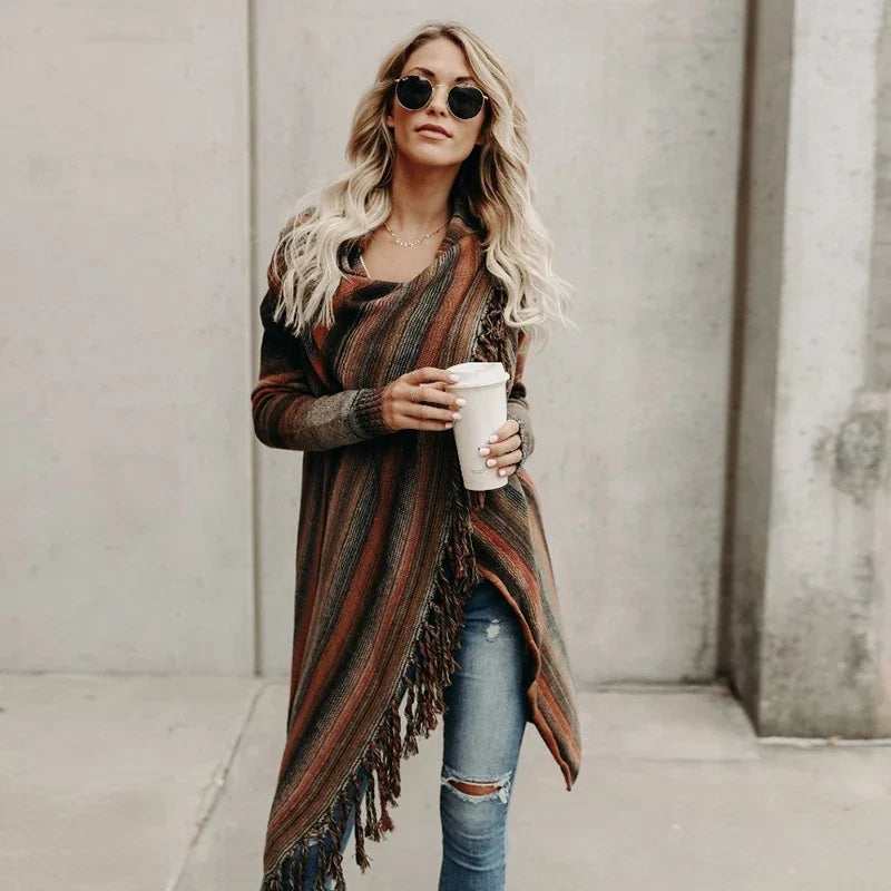 Women’s striped knit cardigan poncho with fringe tassels, open front, dark brown multicolor