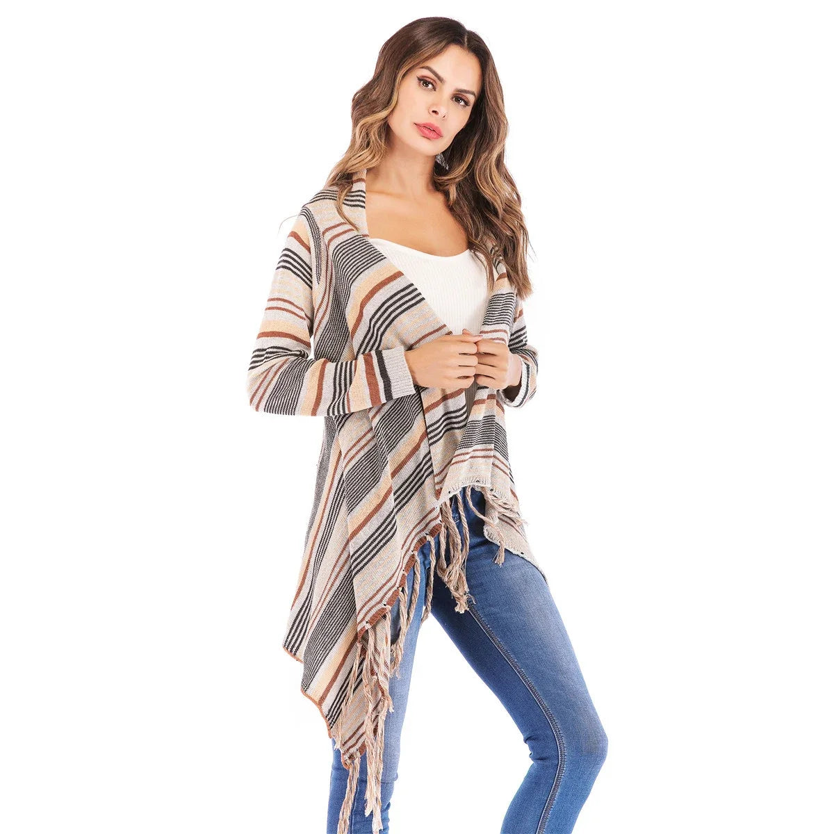 Women’s striped knit cardigan poncho with fringe tassels, open front, cream and gray