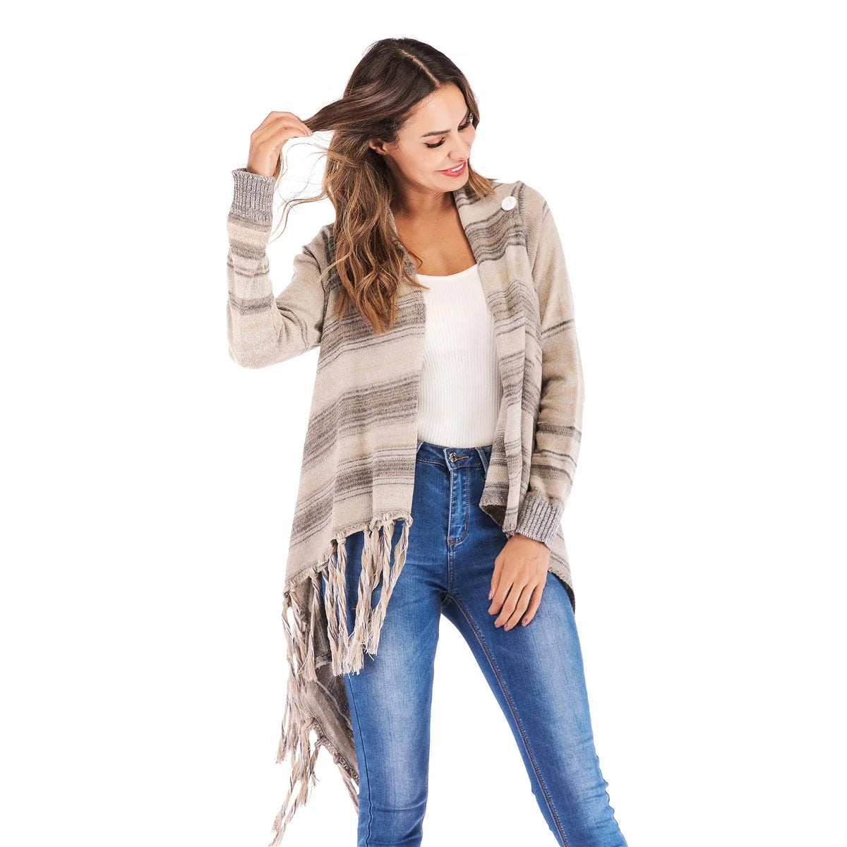 Women’s striped knit cardigan poncho with fringe tassels, open front, beige and gray