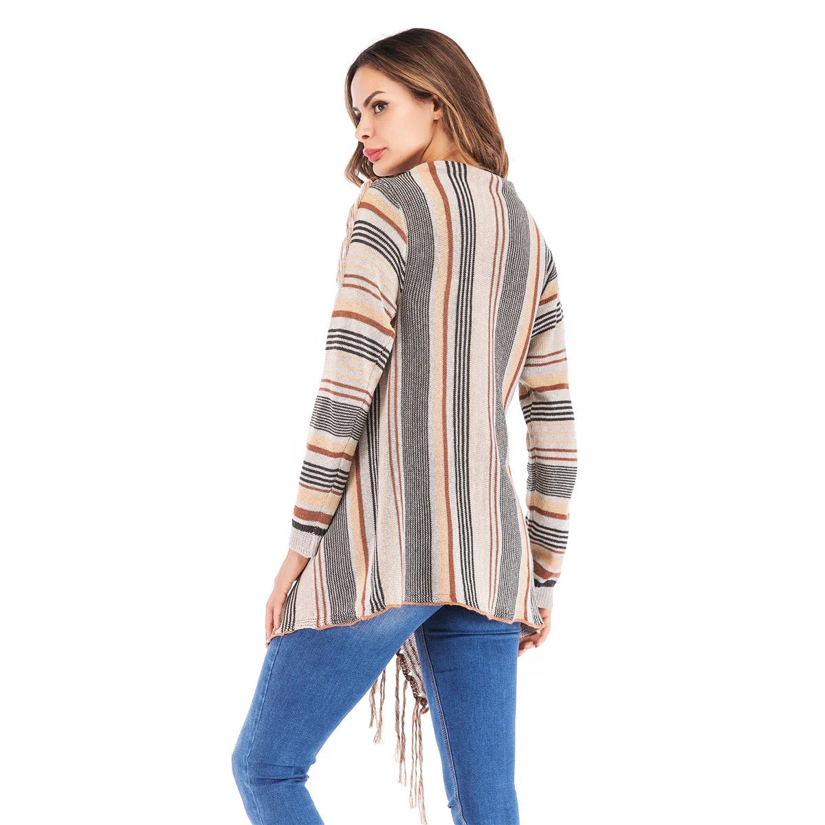 Women’s striped knit cardigan poncho with fringe tassels, open back, cream gray orange stripes