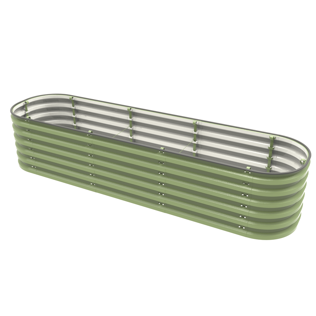 Green metal raised garden bed kit with clear top liner and vertical support bars