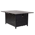 Rectangular dark aluminum gas fire pit table with slatted sides and hinged lid.