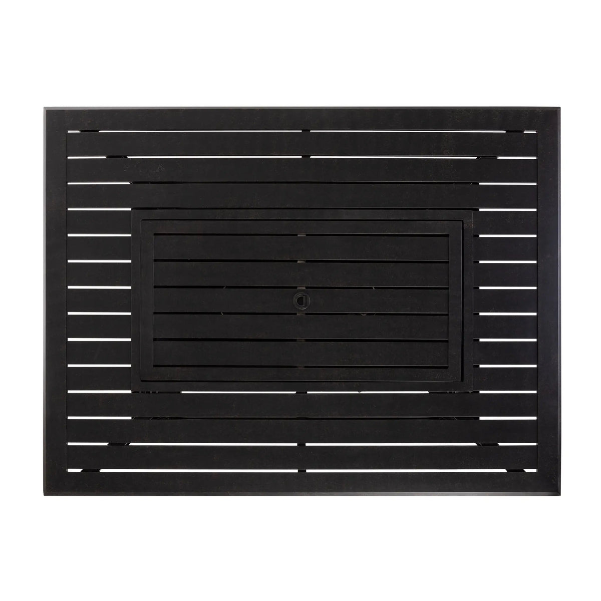 Rectangular black metal fire pit lid panel with vented horizontal slats.
