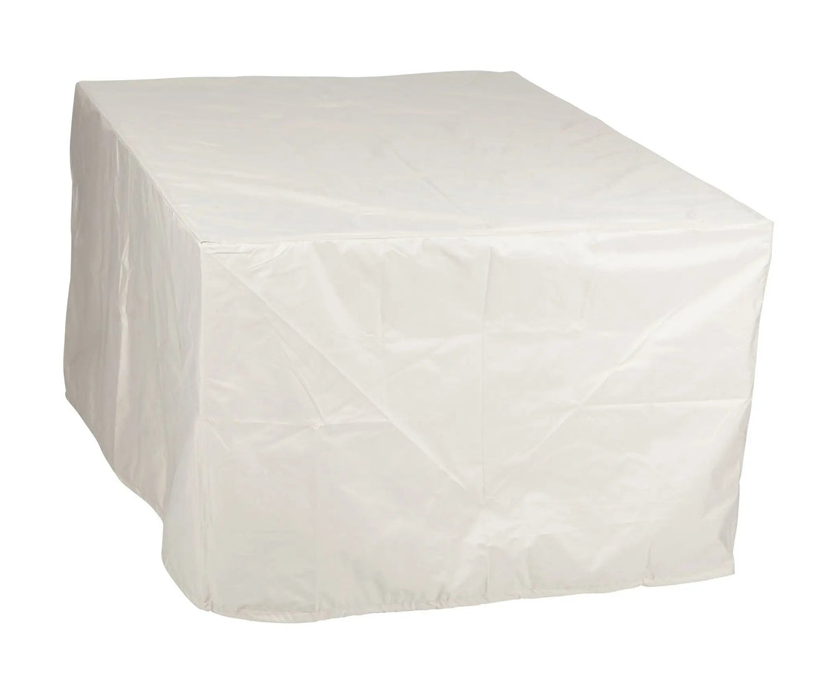 Rectangular gas fire pit table with fitted white protective cover, side angle