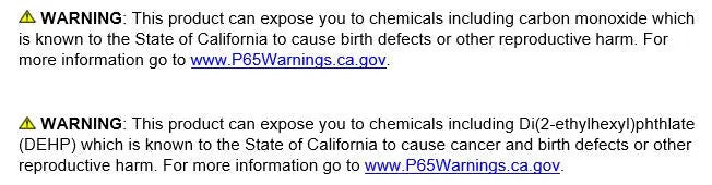 Gas fire pit safety warning labels about carbon monoxide and DEHP exposure