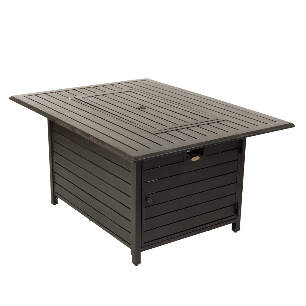 Rectangular aluminum gas fire pit table with slatted lid and black finish