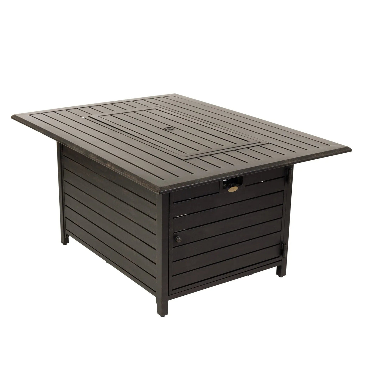 Rectangular aluminum gas fire pit table with slatted lid and black finish