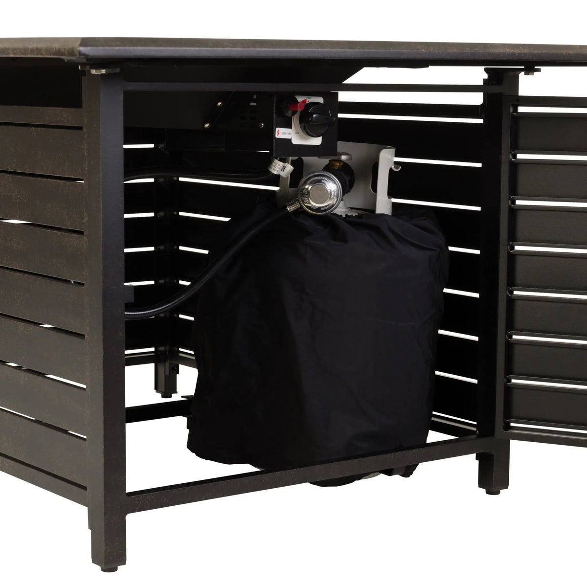 Rectangular gas fire pit table showing open base with gas control area and cover