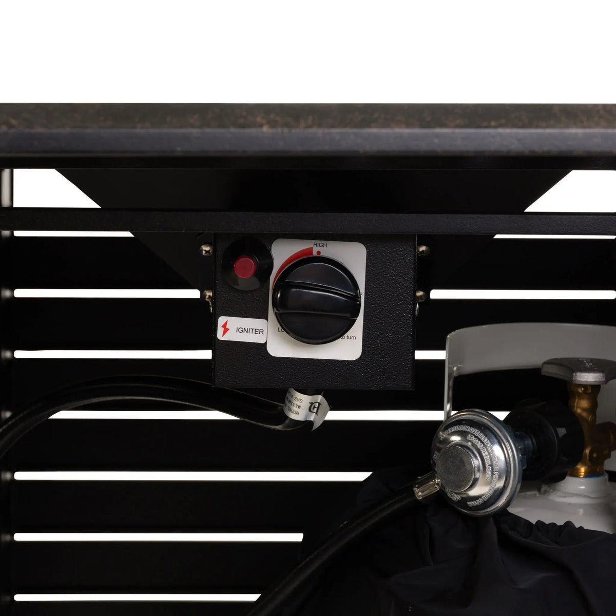 Rectangular gas fire pit table control panel with igniter switch and valve