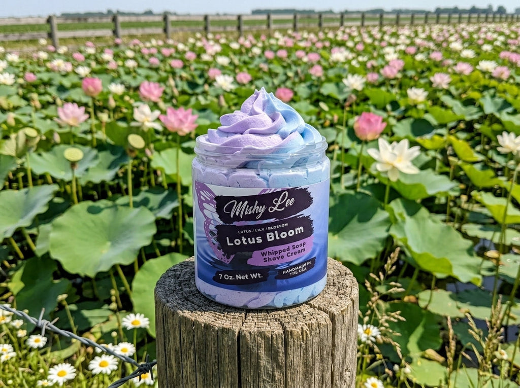 Whipped soap and shave cream jar on a stump in a flower garden