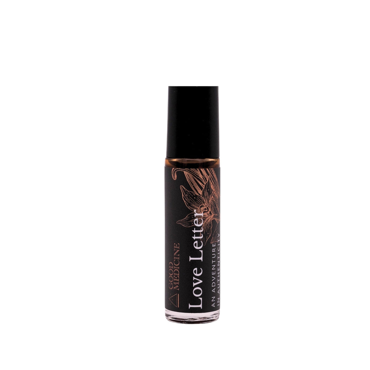 Love Letter botanical perfume rollerball with black cap and amber floral label