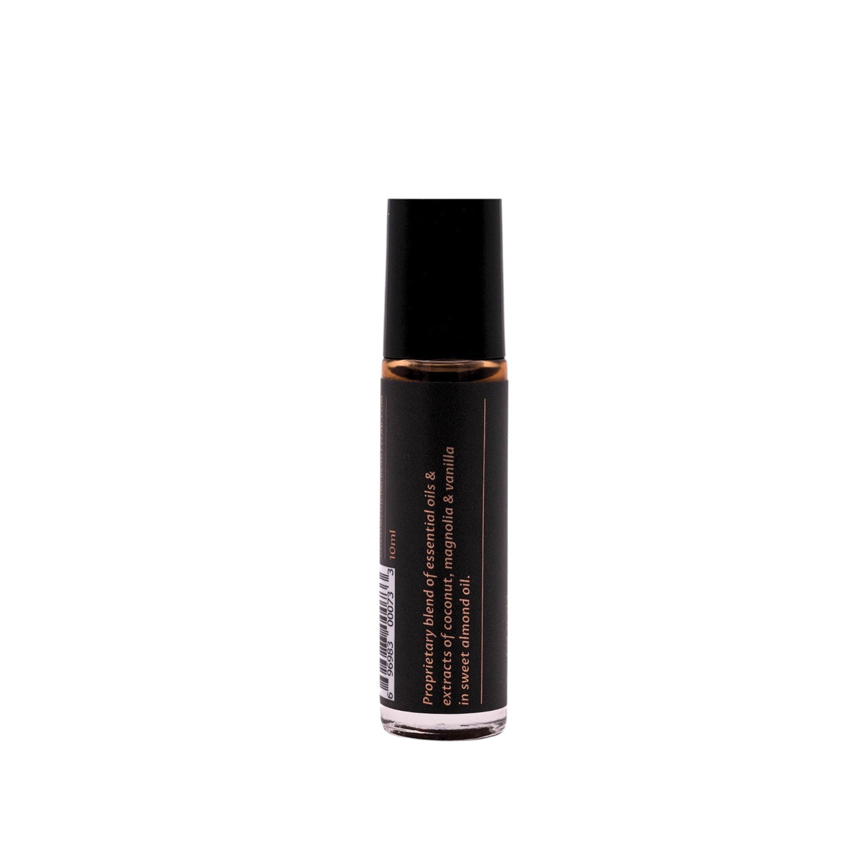 Botanical perfume rollerball with black cap and amber back label text