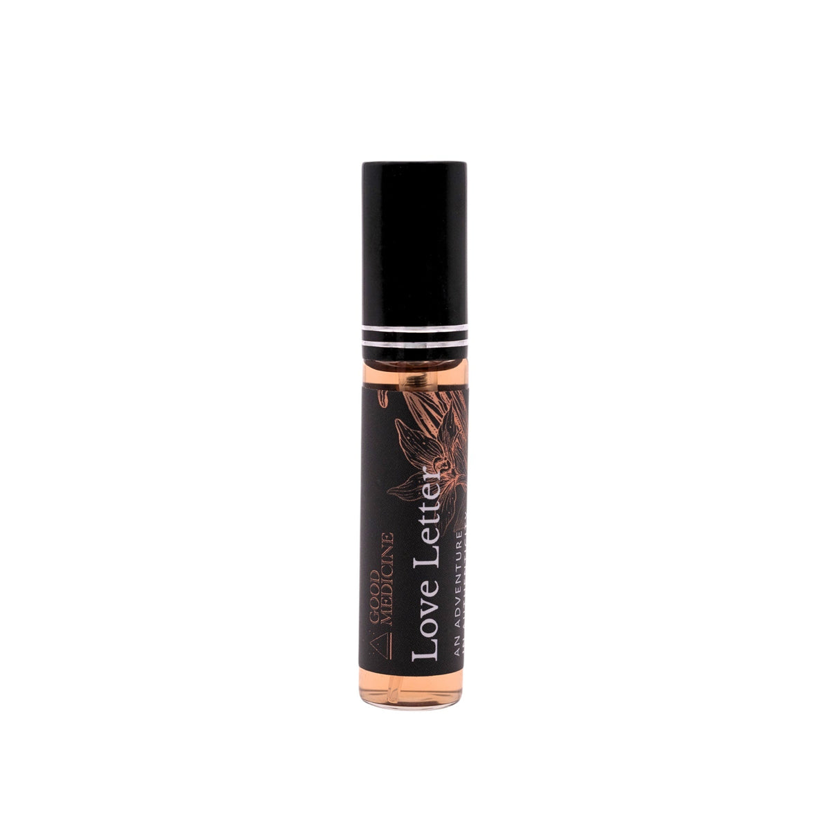 Botanical perfume rollerball with black cap and rose-gold LOVE LETTER print