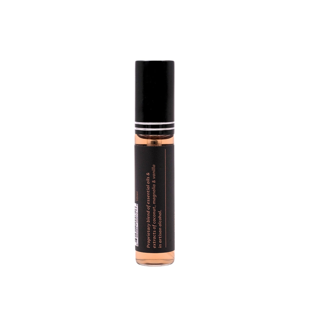 Botanical perfume rollerball with black cap, amber glass and side label text
