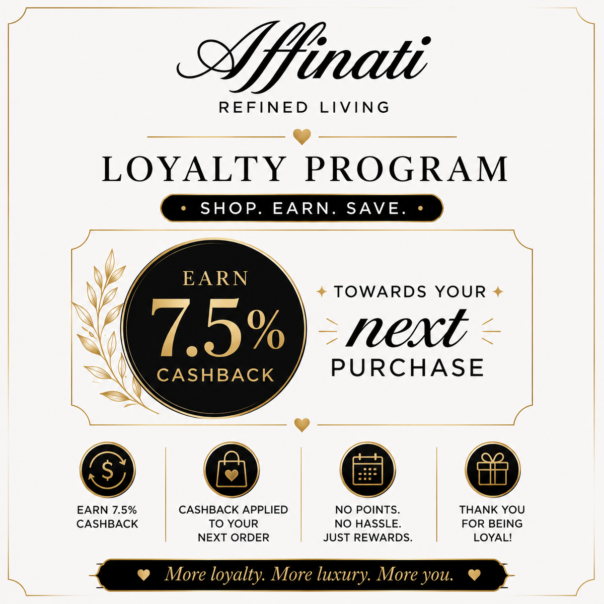 Affinati loyalty program card showing 7.5% cashback toward your next purchase