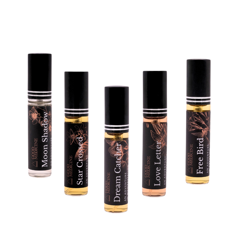 Mini perfume gift set with five travel-size bottles, black caps and gold atomizers