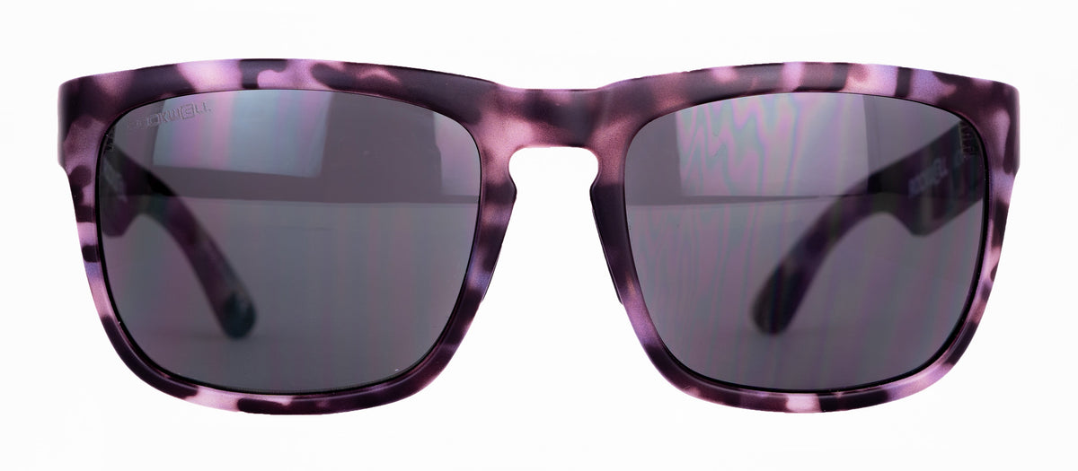 Purple-and-black tortoise sunglasses with dark rectangular lenses
