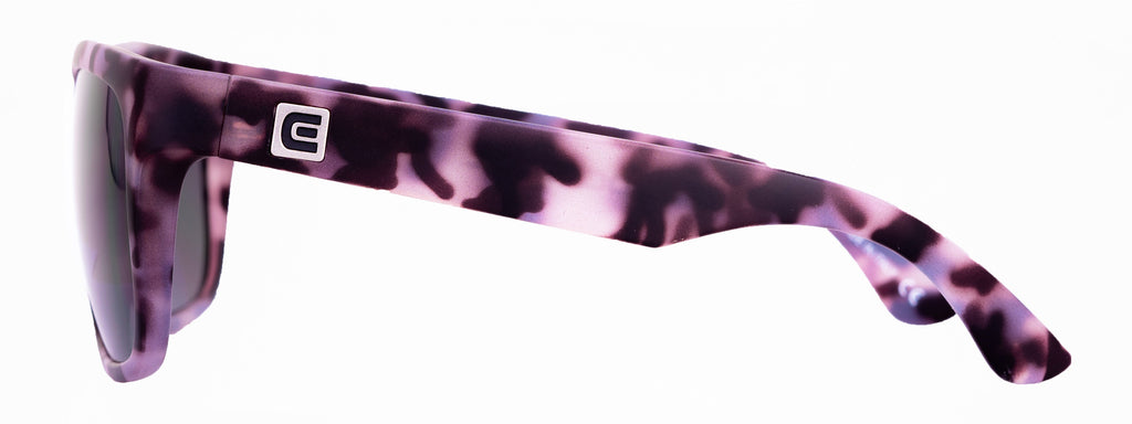 Purple-and-black tortoise sunglasses, low side view with dark lens
