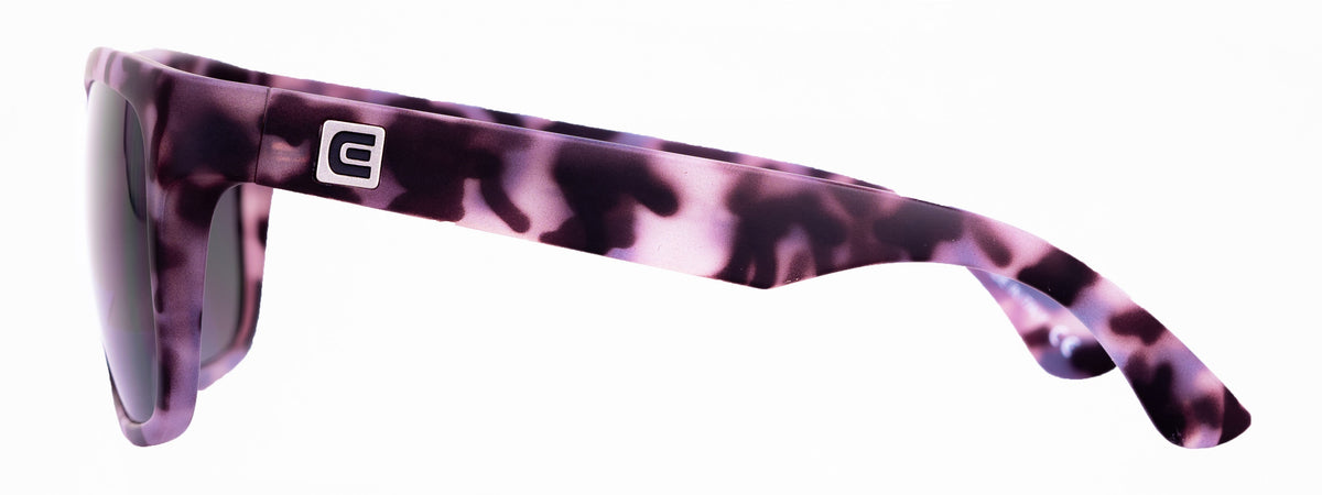 Purple-and-black tortoise sunglasses, low side view with dark lens