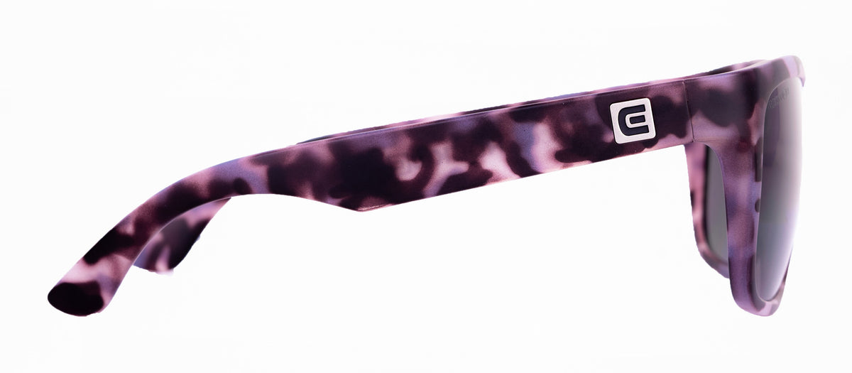 Purple-and-black tortoise sunglasses, side profile with dark lens