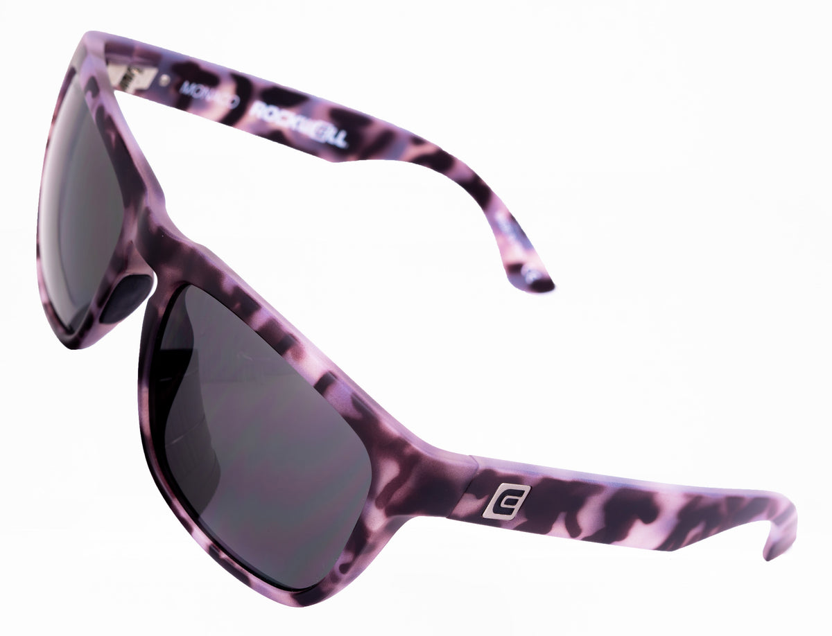 Purple-and-black tortoise sunglasses, angled side view with dark lenses