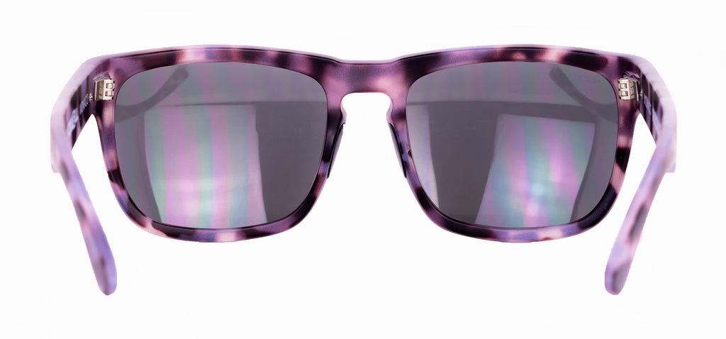 Purple-and-black tortoise sunglasses with reflective dark lenses, front view