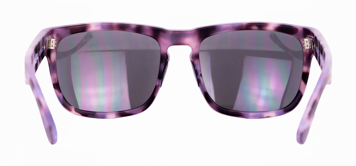 Purple-and-black tortoise sunglasses with reflective dark lenses, front view