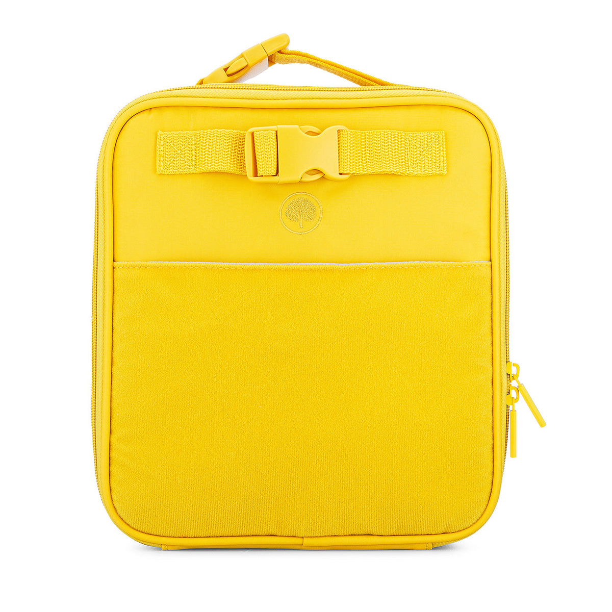 Kids lunch box in canary yellow with top handle, front strap, and zip closure.
