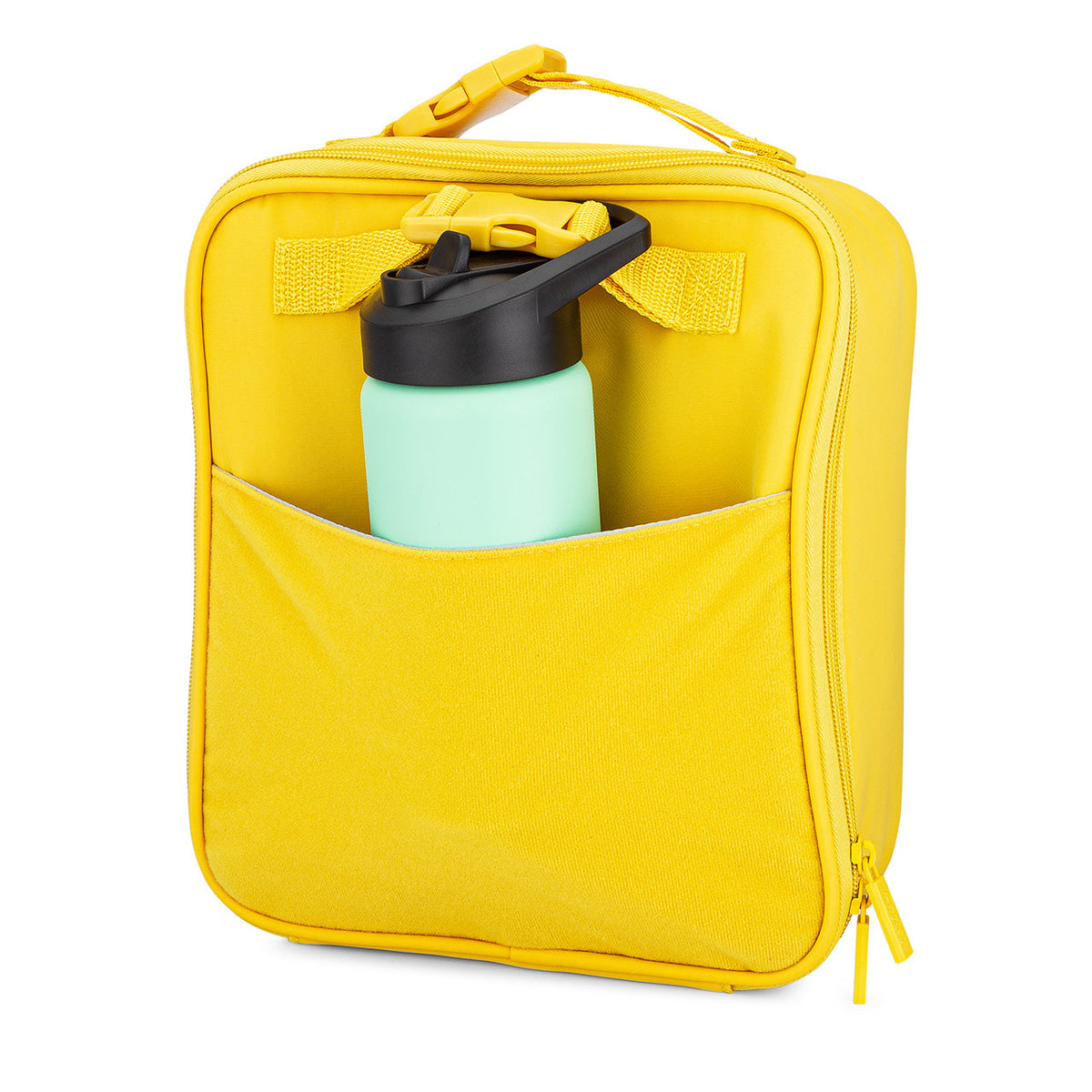 Yellow kids lunch box with top handle, front zipper, and mint bottle pocket