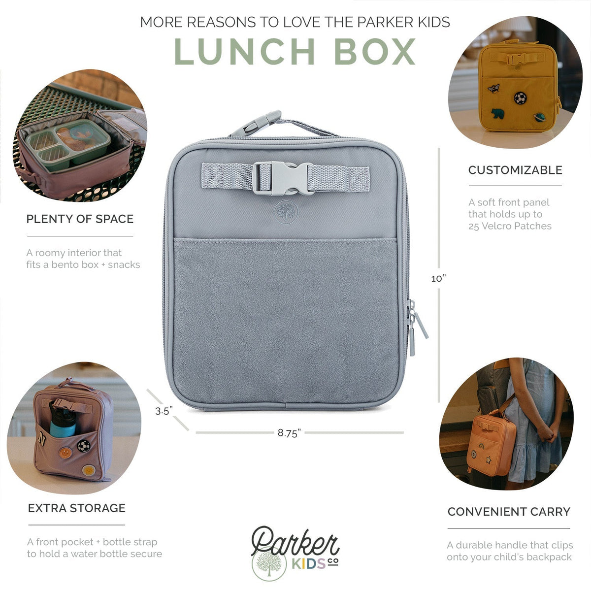 Kids lunch box bag in heather gray with top strap and front adjustable buckle