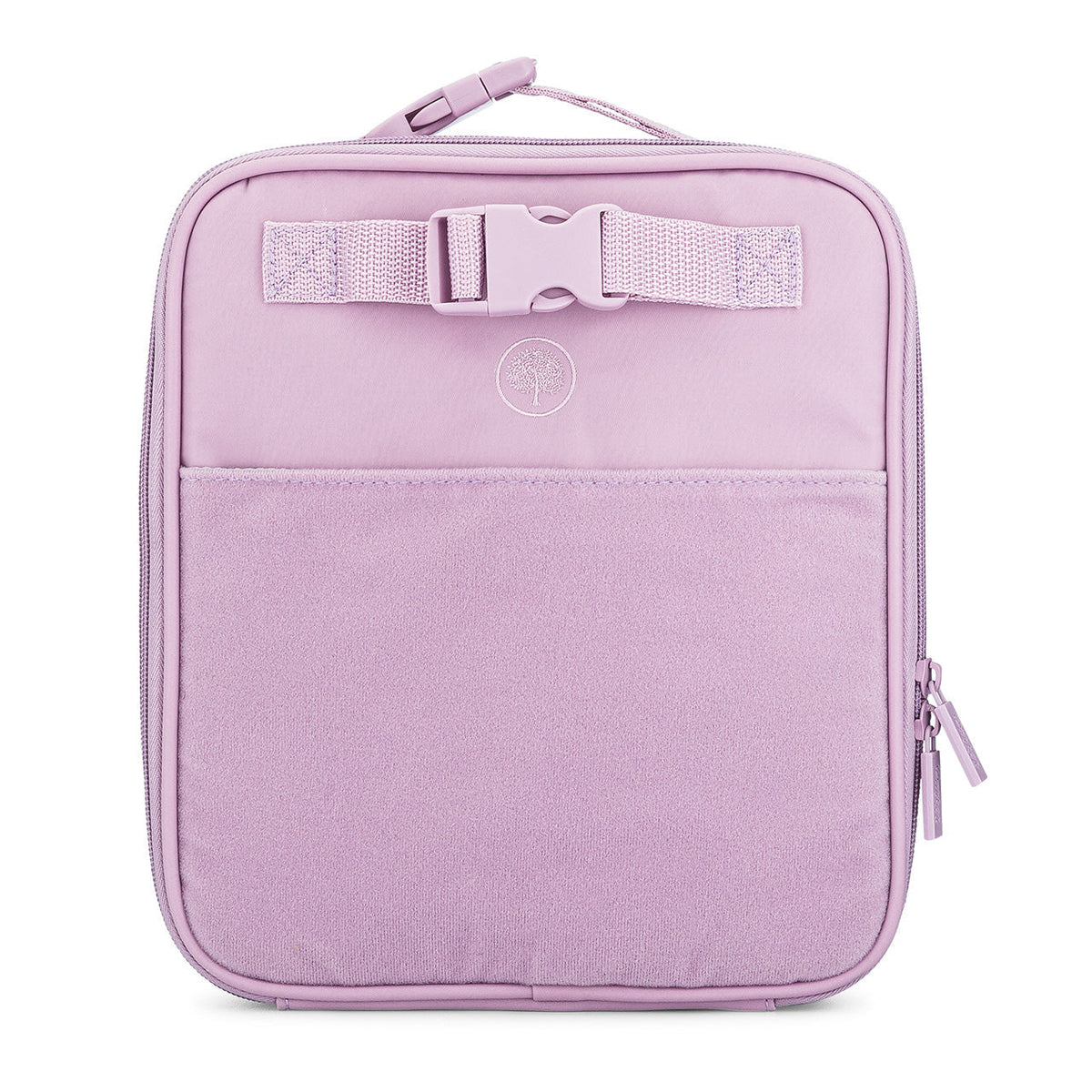 Lilac insulated kids' lunch box with top handle strap and front zipper closure