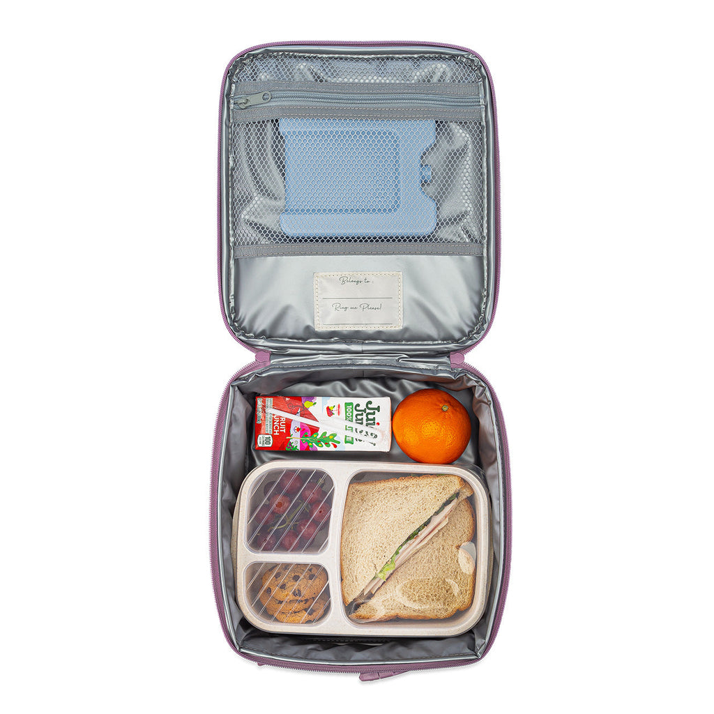 Kids lunch box bag in purple opened with mesh pocket and food compartments