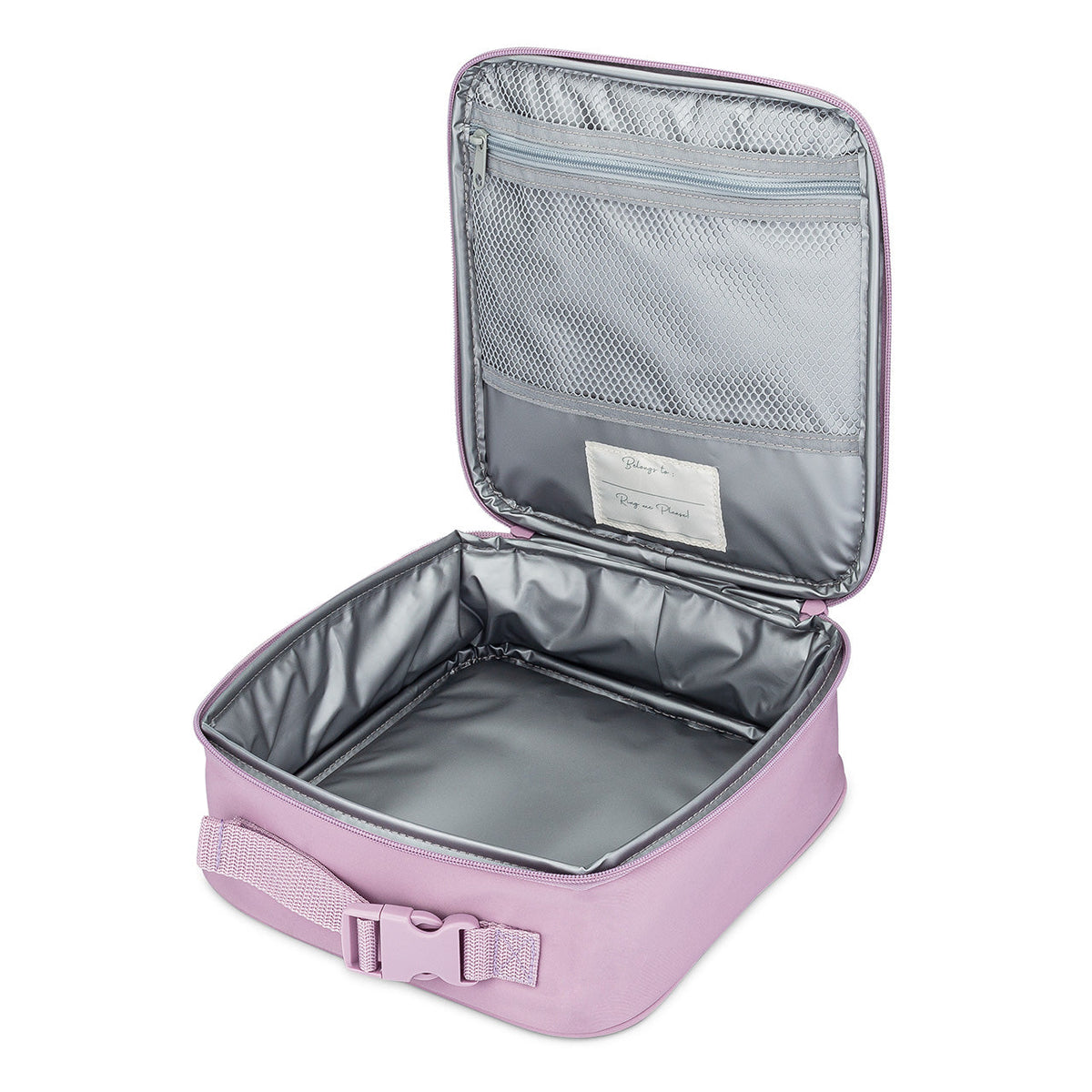 Lilac kids lunch box opened to show insulated interior and mesh pocket
