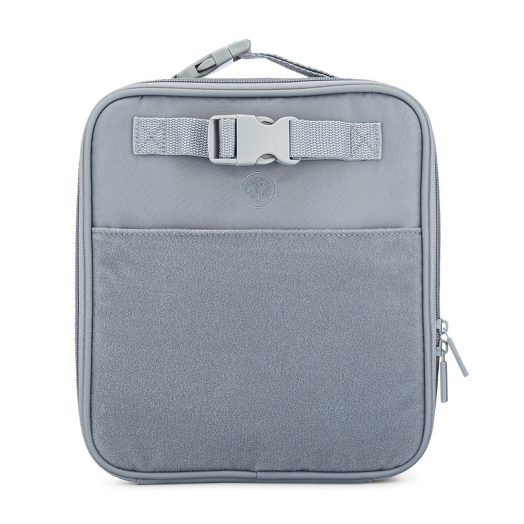Kids lunch box in gray with top handle, front strap, and zip closure.