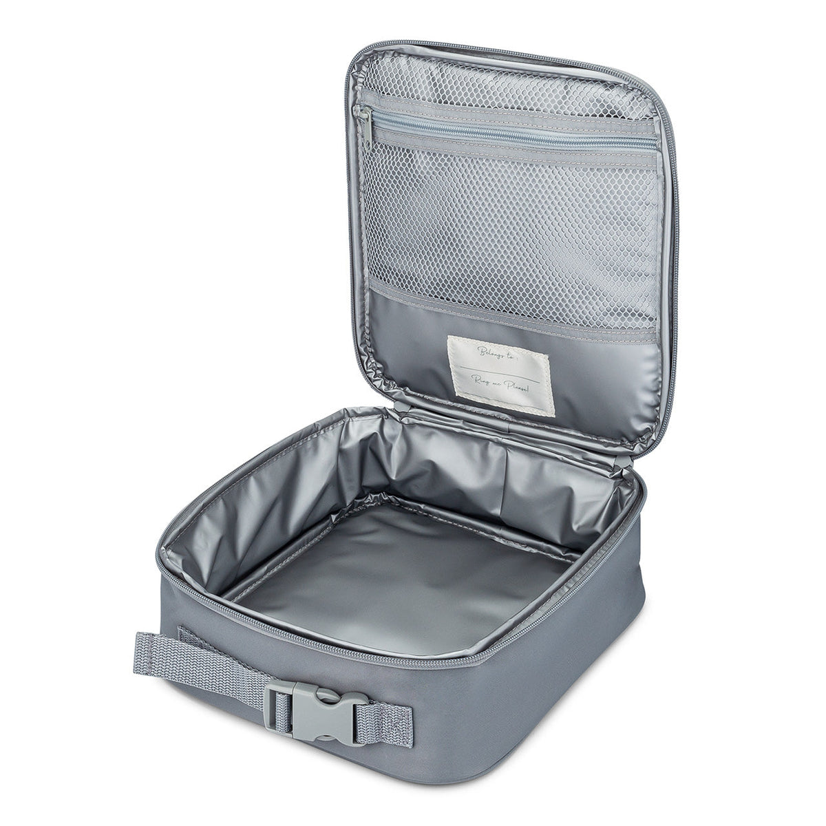 Gray insulated lunch box with open lid, mesh panel, and padded silver interior